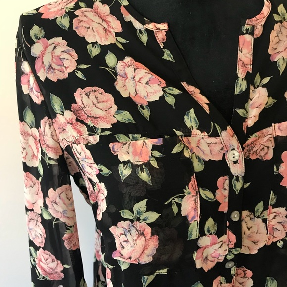 Forever 21 Black Pink Floral Chiffon Blouse S - Picture 2 of 5